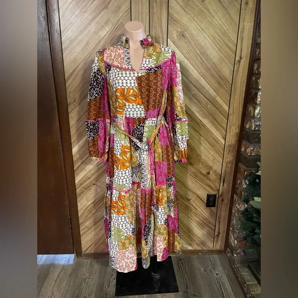 FATE Women's Medium Happy For You Patchwork Midi Dress Fuchsia Pink Boho - Picture 3 of 10